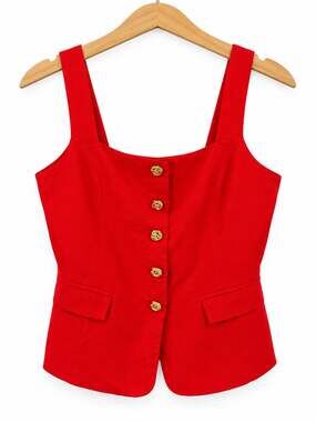 ASTR The Label Red Large Vest Top Square Neck Ornate Gold Filigree Button Front